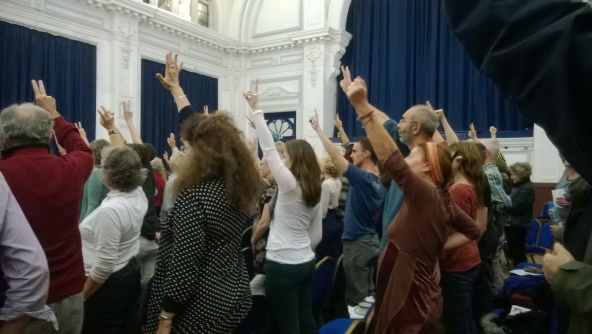 The audience in Lewes Town Hall shows its support for the campaign against fracking