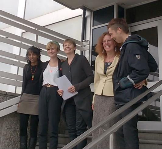 Caroline Lucas prepares to read statement after the acquittal of her and four other anti-fracking protesters