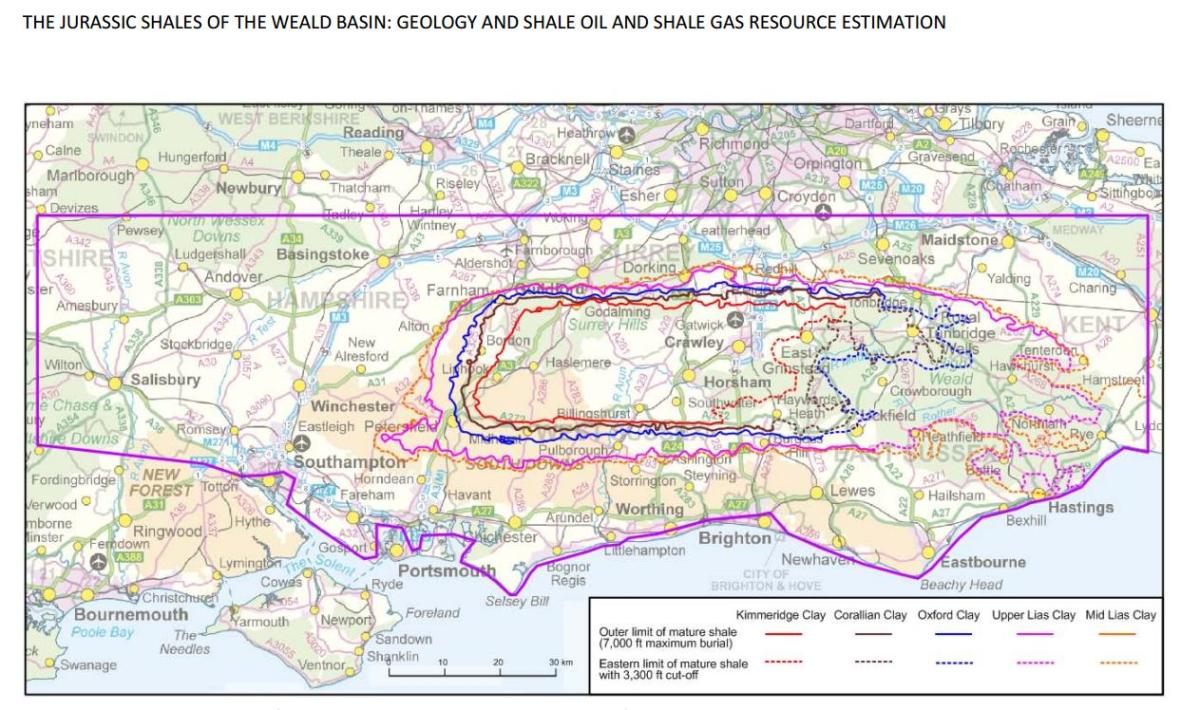 Coloured lines indicate areas with greatest potential. The BGS  says the Kimmeridge and Oxford Clay areas offer the best prospect for shale oil.