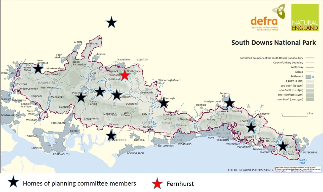 Location of homes of planning committee members of the South Downs National Park Authority