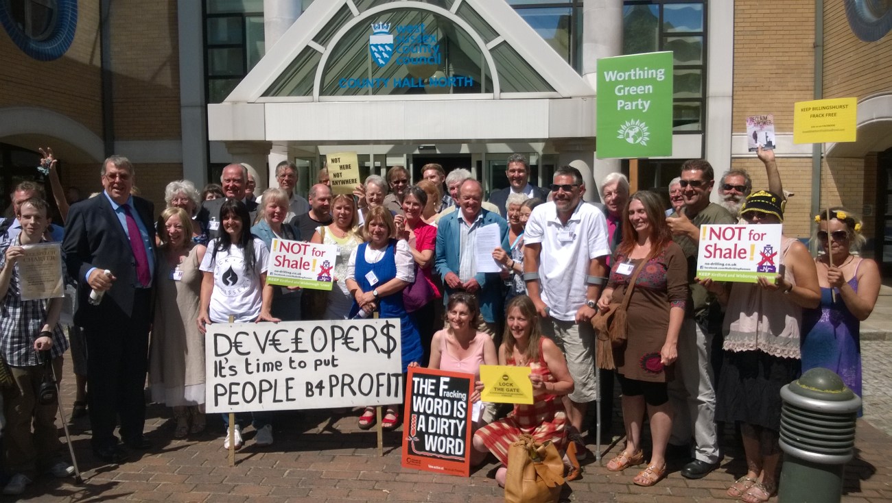 Campaigners celebrating after the refusal of planning permission to Celtique Energie in July 2014