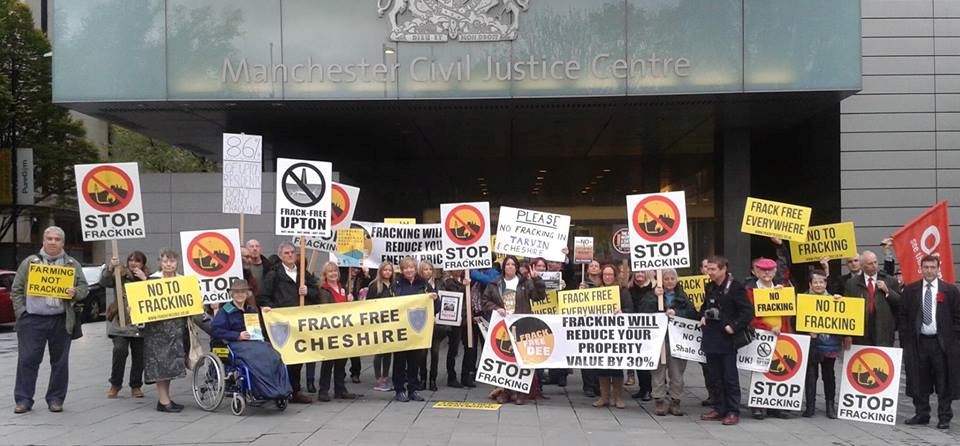 Campaigners outside the court this morning