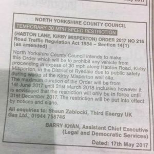 Kirby Misperton traffic notice 170517
