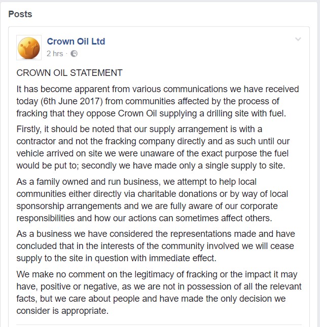 Crown Oil statement