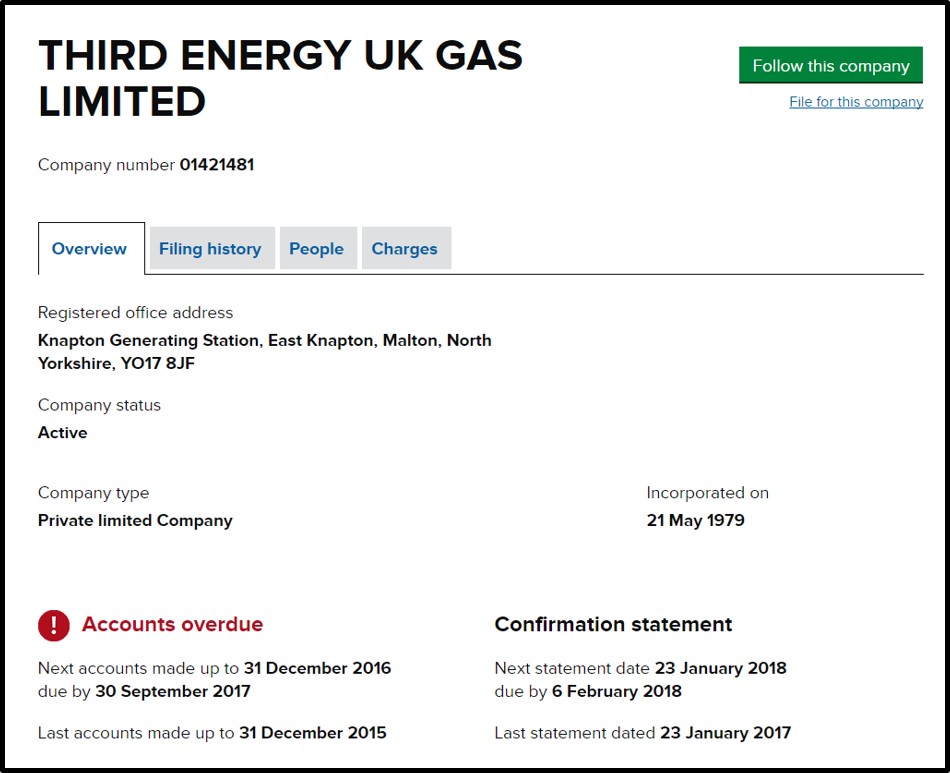 Third Energy UK Gas Ltd accounts page