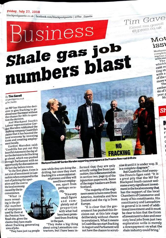 180727 Blackpool Gazette on Cuadrilla jobs claim