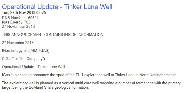 181127 Tinker Lane spud announcement