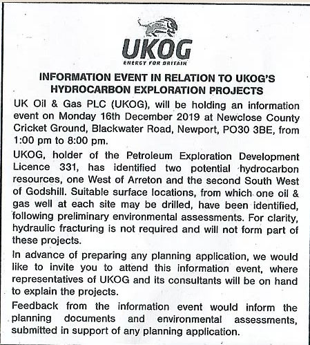 191130 UKOG notice in County Press