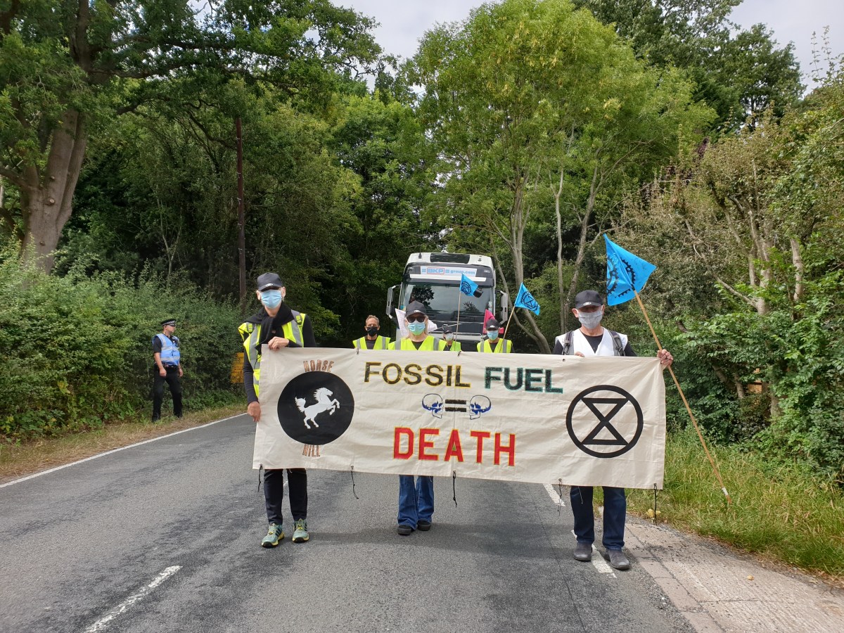 Opponents of drilling at UKOG's Horse Hill oil site in Surrey, 4 August 2020. Photo: XR South East